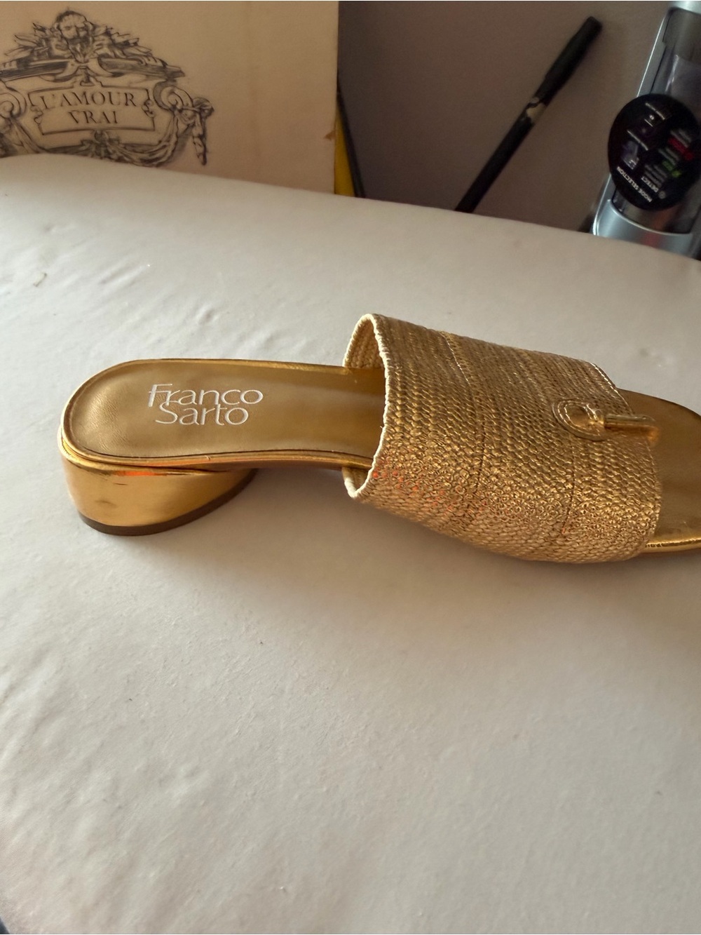 Franco Sarto Metallic Gold Woven Slide Mules